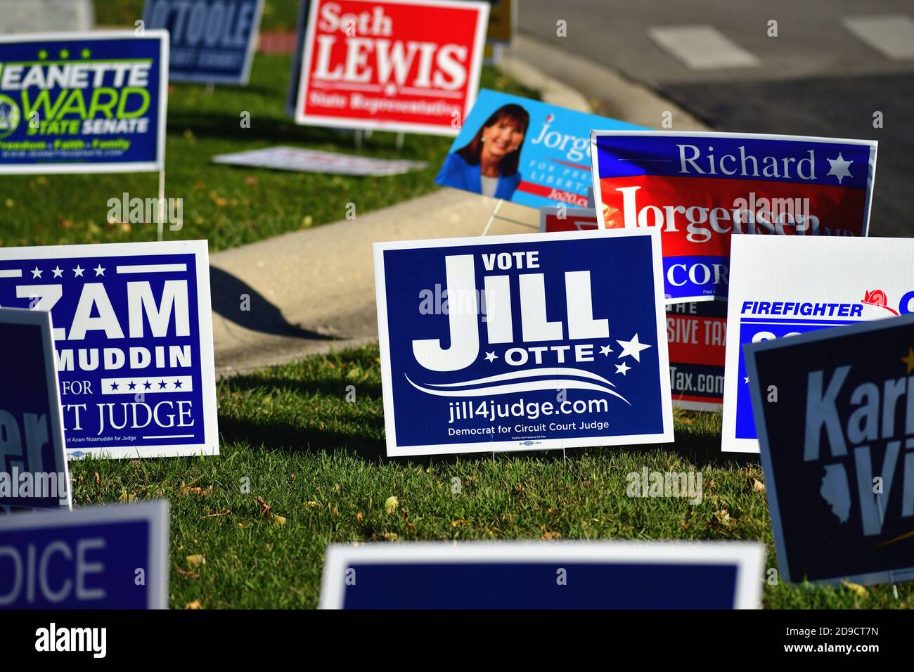 Bartlett, Illinois, Stati Uniti. Una serie di poster delle campagne candidate all'esterno di un luogo di polling nella periferia di Chicago. Foto Stock