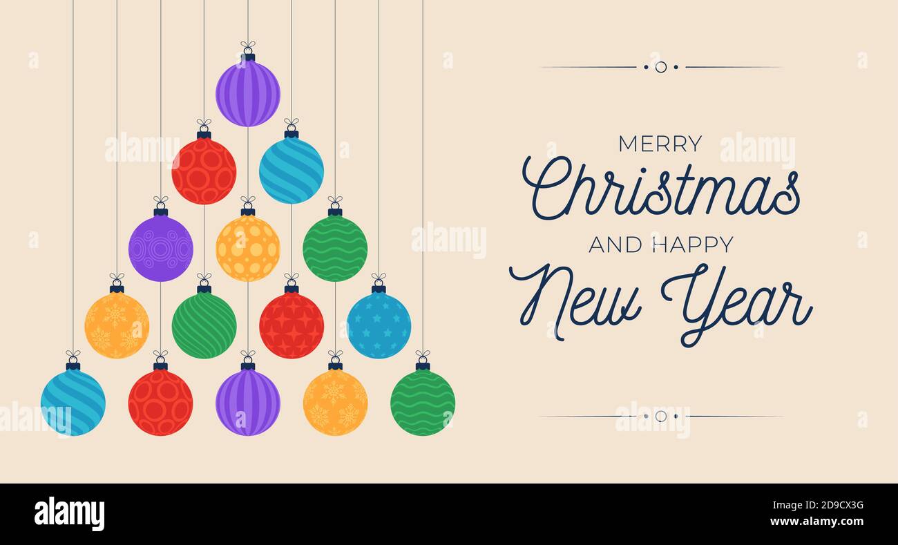 Cartoni animati piatti di auguri per Natale e Capodanno. L'albero creativo  di Natale ha fatto le palle bauble colorate su sfondo di sabbia per il  Natale e la celebrità di Capodanno Immagine