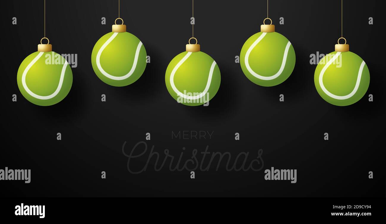 Buon biglietto d'auguri per il Tennis di Natale. Appendere su un filo palla  da tennis come una palla di Natale su sfondo nero orizzontale.  Illustrazione di Sport Vector Immagine e Vettoriale -