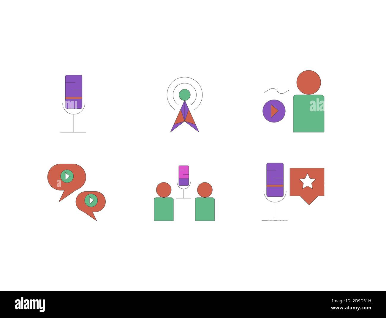 Set di icone podcast con stile colorato. Modello vettoriale, Mostra radio e concetto di comunicazione Illustrazione Vettoriale