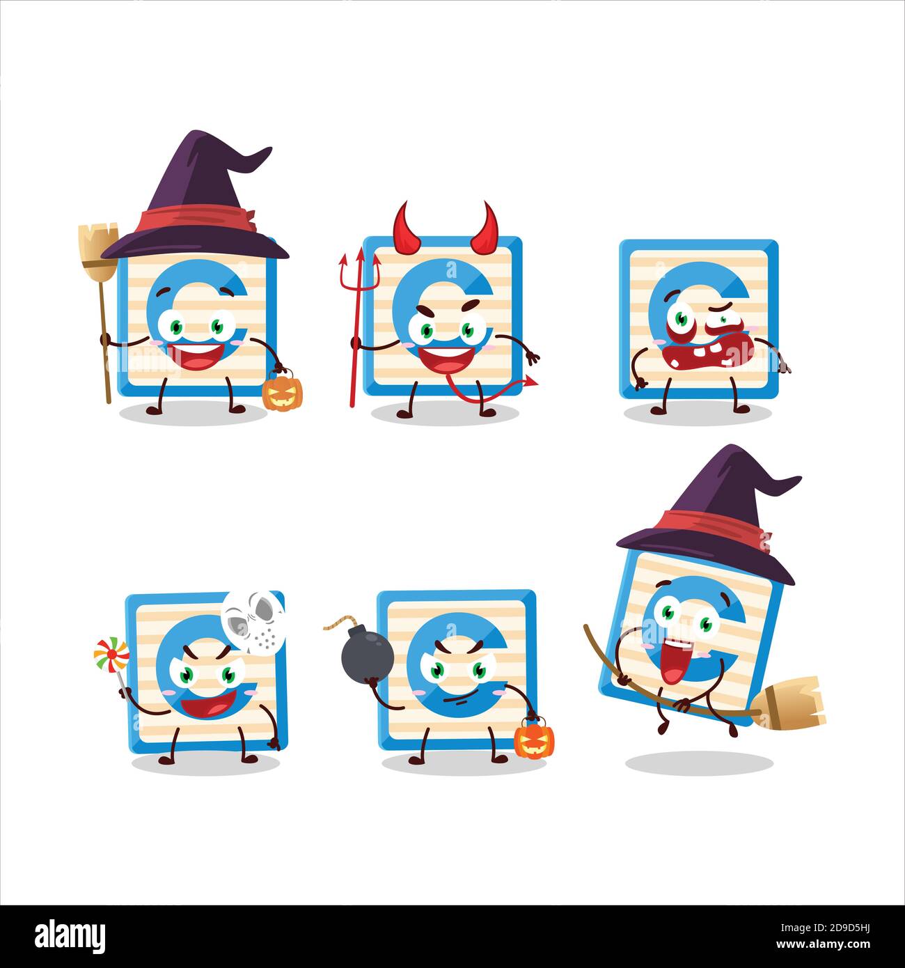 Emoticon di espressione di Halloween con carattere cartoon del blocco giocattolo C. Illustrazione Vettoriale