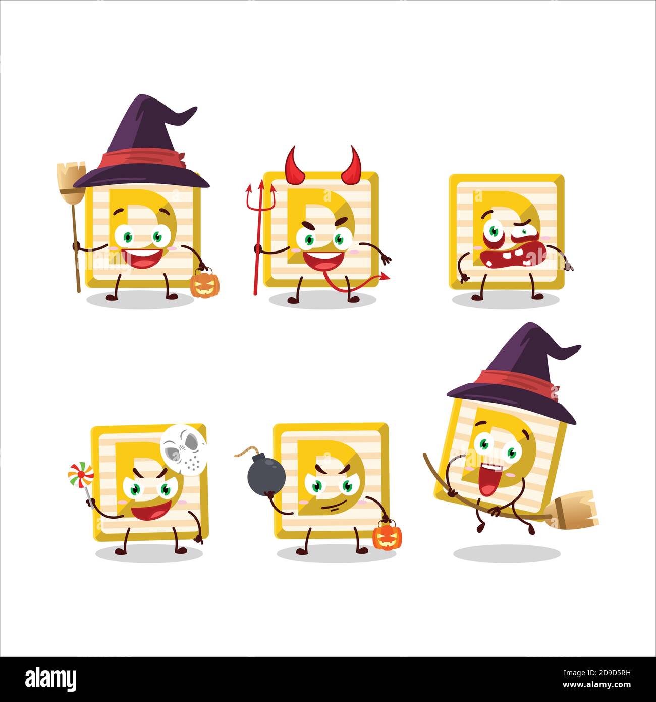 Emoticon di espressione di Halloween con carattere cartoon del blocco giocattolo D. Illustrazione Vettoriale