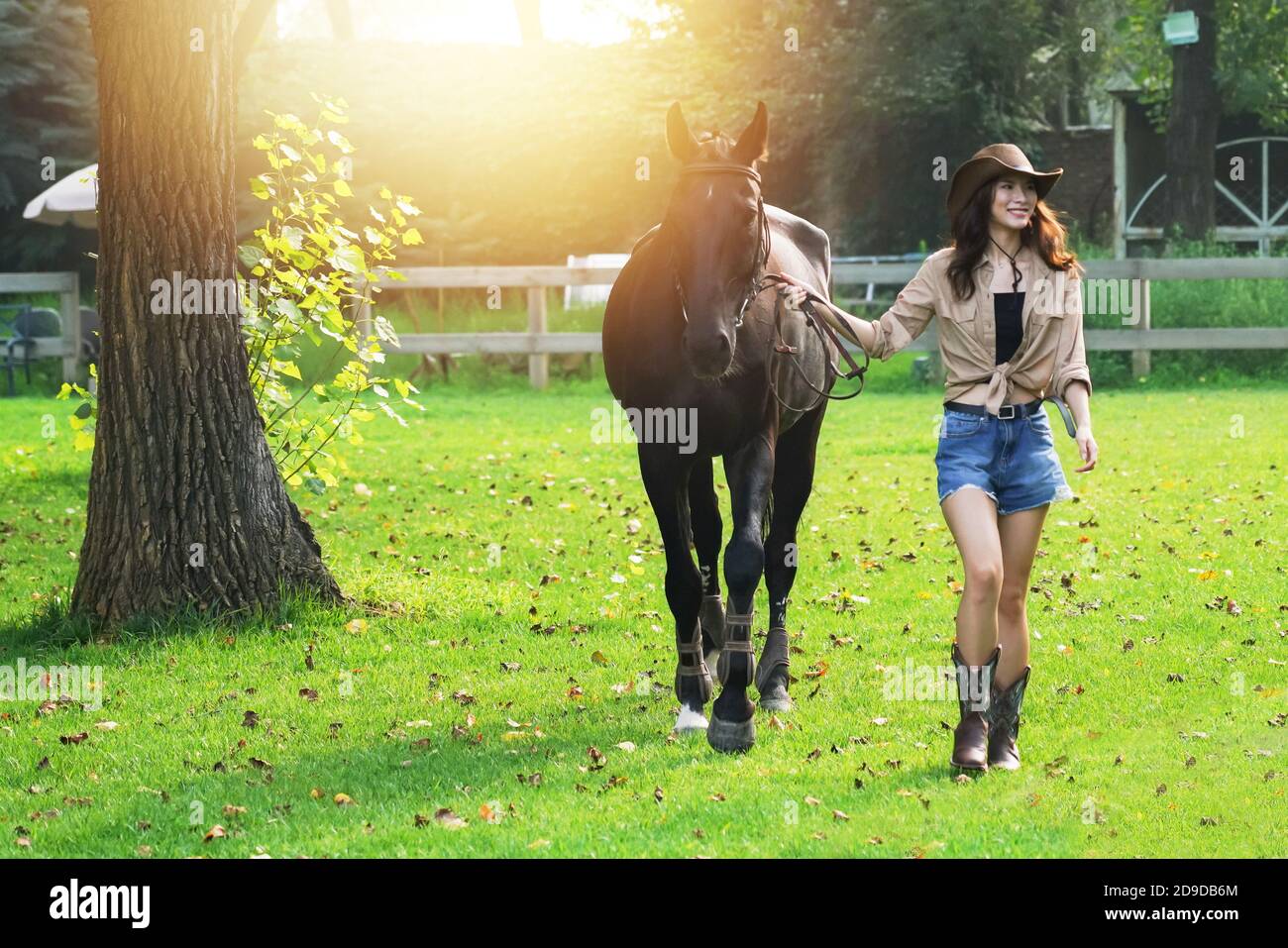 Outdoor felice giovane donna il cavallo Foto Stock