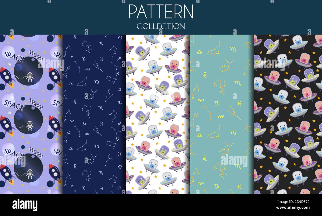 Un insieme di modelli cosmici senza giunture. I modelli con le costellazioni e i segni dell'oroscopo, alieni del bambino e razzi. Illustrazioni vettoriali cartoni animati. Immagini per il mondo UFO giorno. Scuola scientifica astronomica modello senza soluzione di continuità su sfondo lavagna Illustrazione Vettoriale