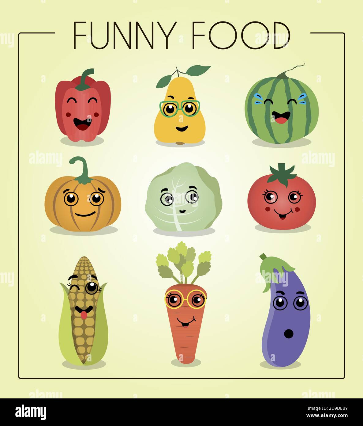 Amo le verdure. Divertente personaggio cartoon. Illustrazione vettoriale. Un set di verdure piatte e frutta con facce di cartone animato. Personaggi divertenti dal cibo. Emozioni diverse risate, imbarazzo, sorpresa su cocomero, pera, pepe, zucca, cavolo, pomodoro, mais, carote e melanzane. Illustrazione Vettoriale