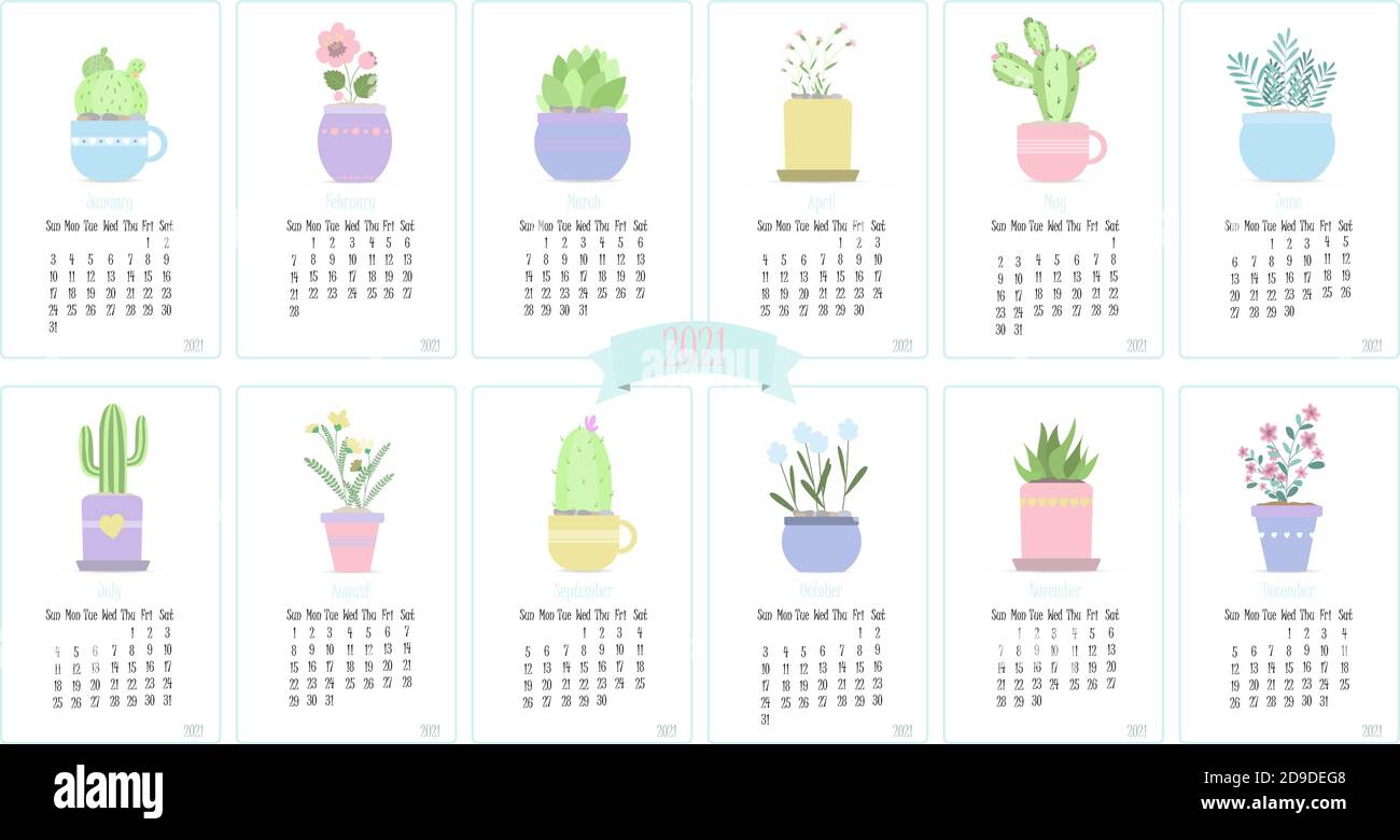 Calendario per il 2021 con cactus carini e piante . Dodici mesi dell'anno  con illustrazioni vettoriali piatte per gennaio, febbraio, marzo, aprile,  maggio, giugno, luglio, agosto, settembre, ottobre, novembre, dicembre.  Pagine di