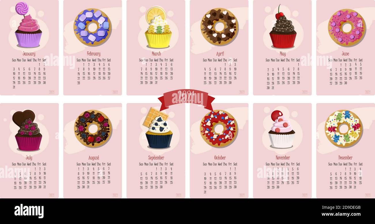 Calendario per il 2021 con dolci cupcake e ciambelle. Dodici mesi dell'anno  con illustrazioni vettoriali piatte per gennaio, febbraio, marzo, aprile,  maggio, giugno, luglio, agosto, settembre, ottobre, novembre, dicembre.  Pagine di calendario