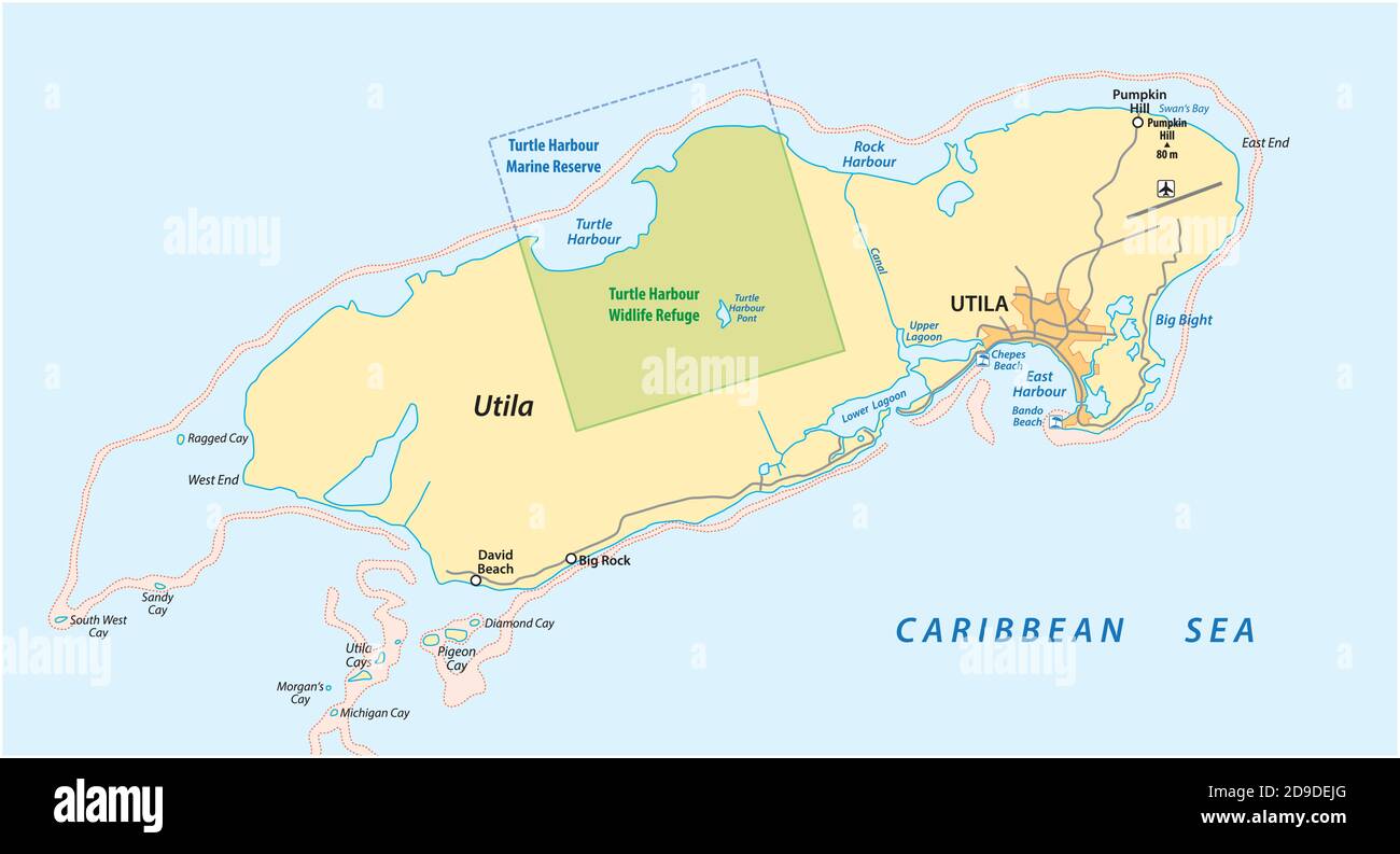 Mappa vettoriale dell'isola caraibica hondurana di Utila, Honduras Illustrazione Vettoriale