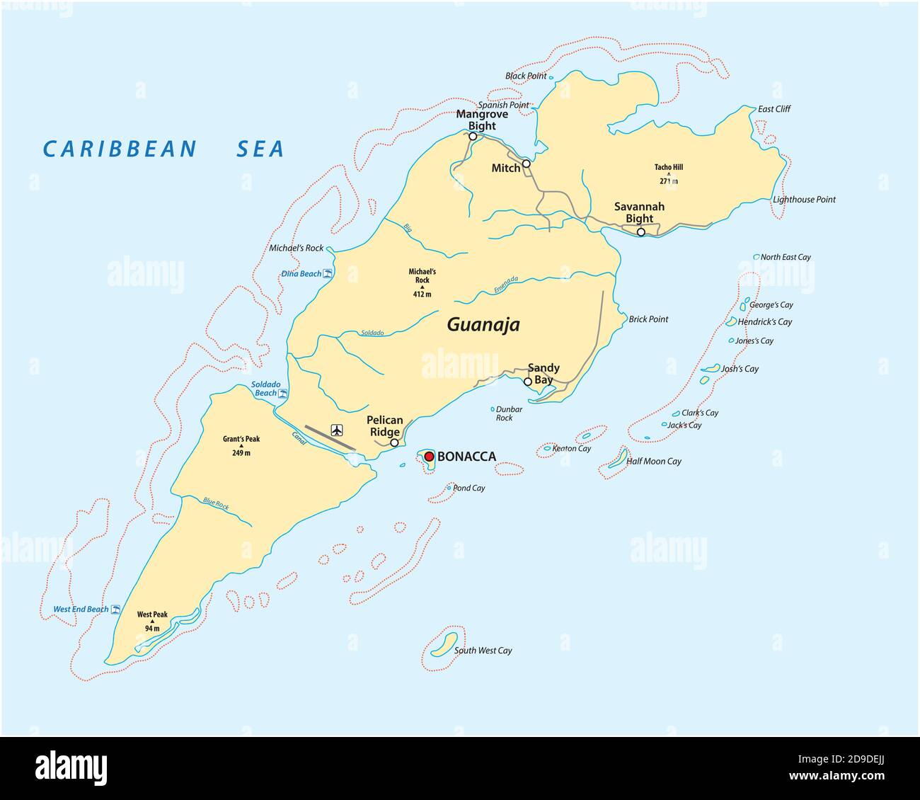 Mappa vettoriale dell'isola caraibica dell'Honduras di Guanaja, Honduras Illustrazione Vettoriale