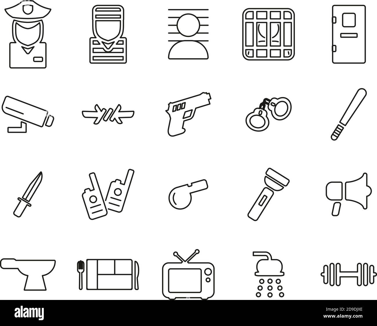 Set sottile bianco e nero icone prigione o prigione Grande Illustrazione Vettoriale