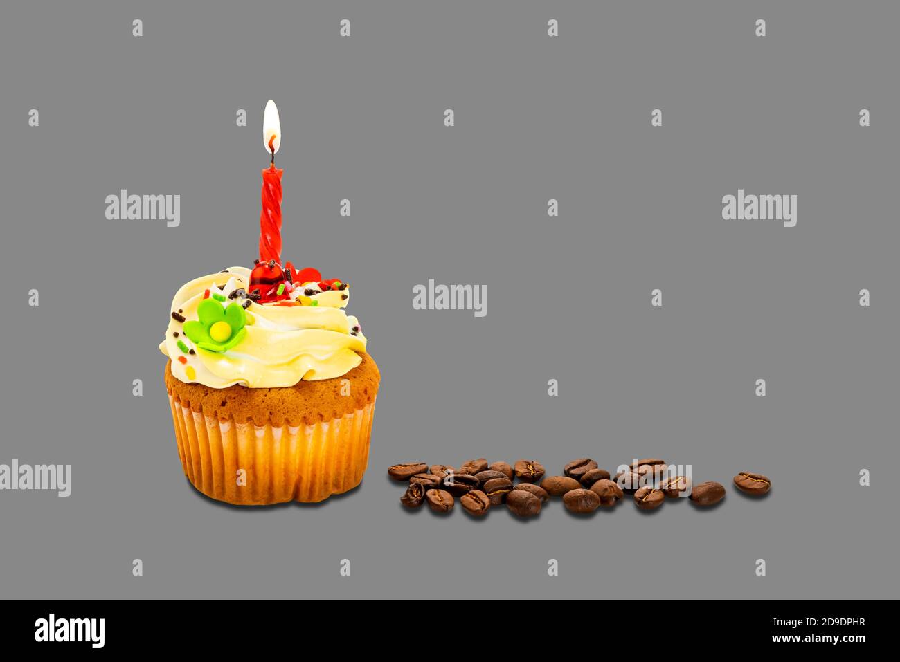 Cupcake di compleanno guarnita con crema al burro e arcobaleno colorato cospargere di chicchi di caffè tostati su sfondo grigio con il ritaglio percorso Foto Stock