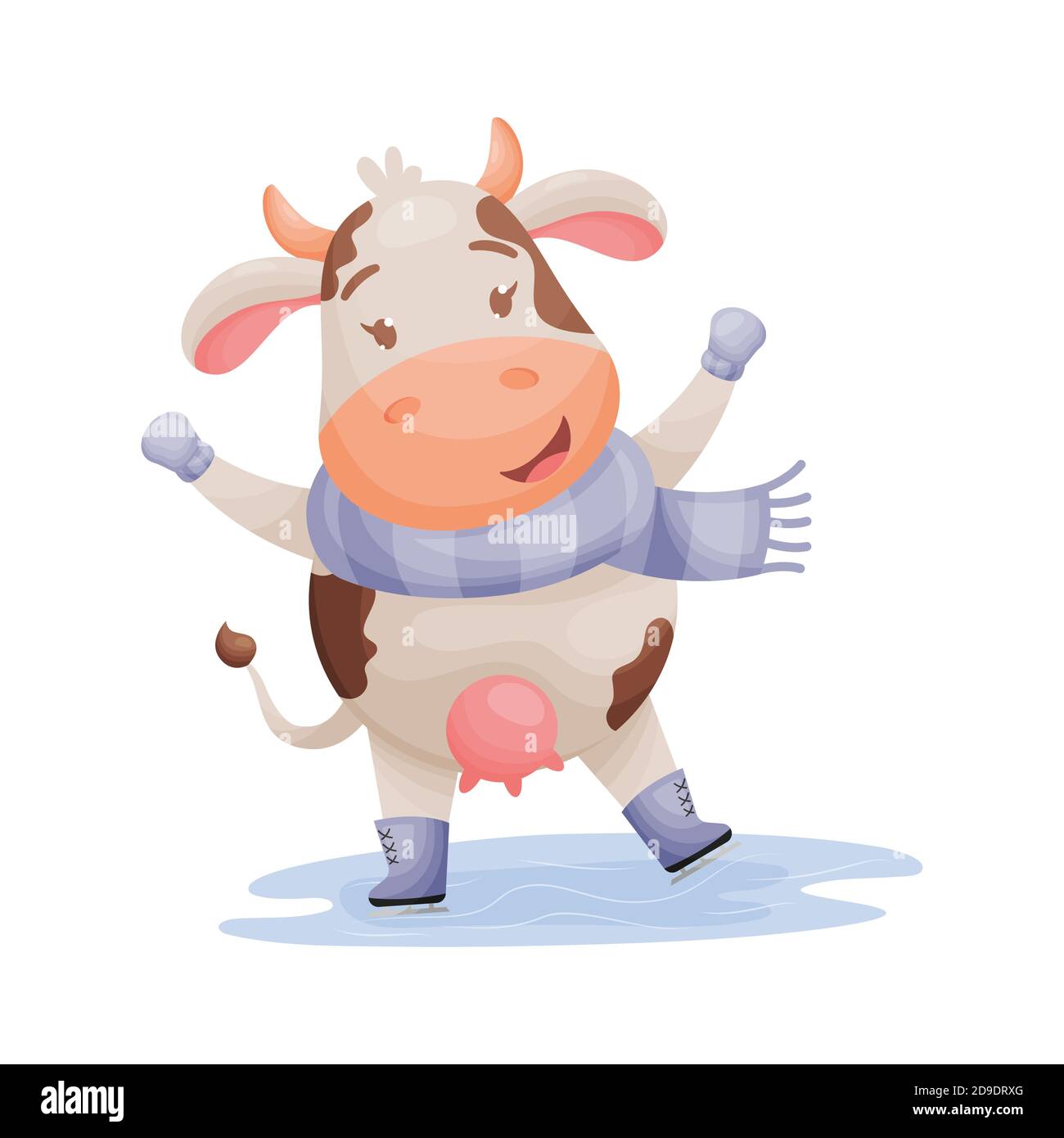 Simpatico personaggio di vacca fumetto che pattina su ghiaccio. Cinese nuovo anno della vacca di bue zodiaco. Illustrazione vettoriale. Illustrazione Vettoriale