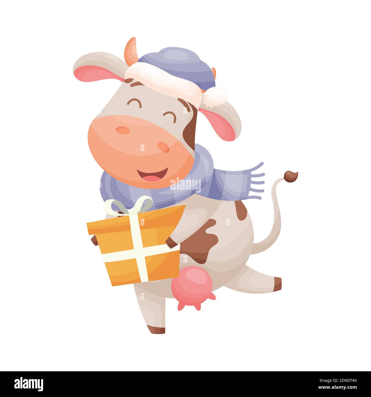 Carino personaggio di vacca cartoon contenente scatola regalo gialla. Cinese nuovo anno della vacca di bue zodiaco. Illustrazione vettoriale. Illustrazione Vettoriale