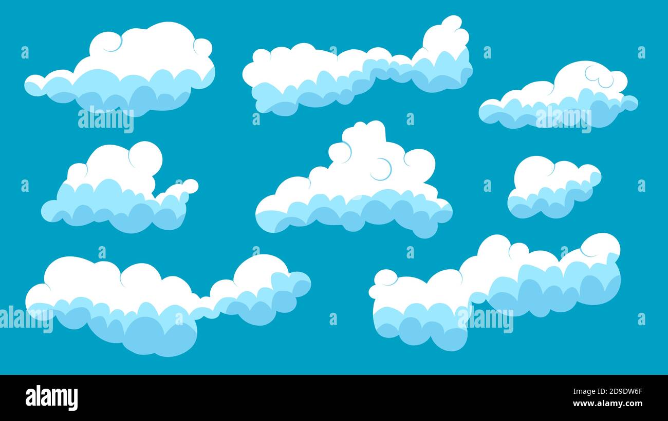 Set di cielo blu, fumetti astratti nuvole. Forme e dimensioni diverse le icone delle nuvole sono in cielo blu. Illustrazione vettoriale Illustrazione Vettoriale