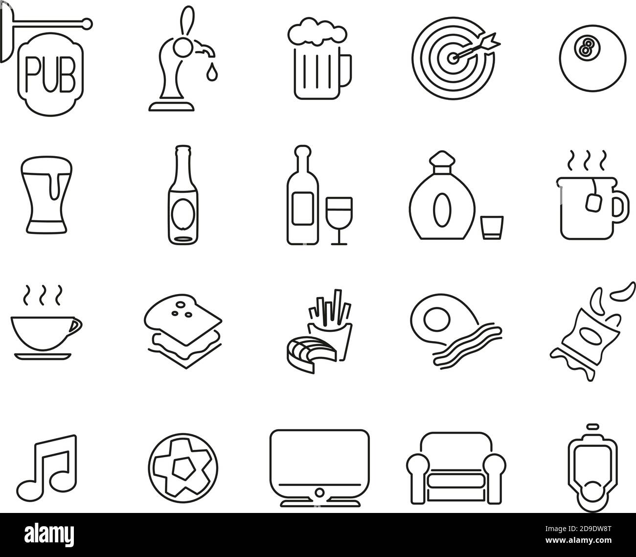 Icone di pub o bar Set sottile in bianco e nero Grande Illustrazione Vettoriale