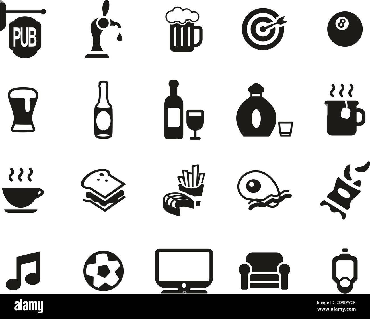 Icone del pub o della barra Bianco e nero Set Grande Illustrazione Vettoriale