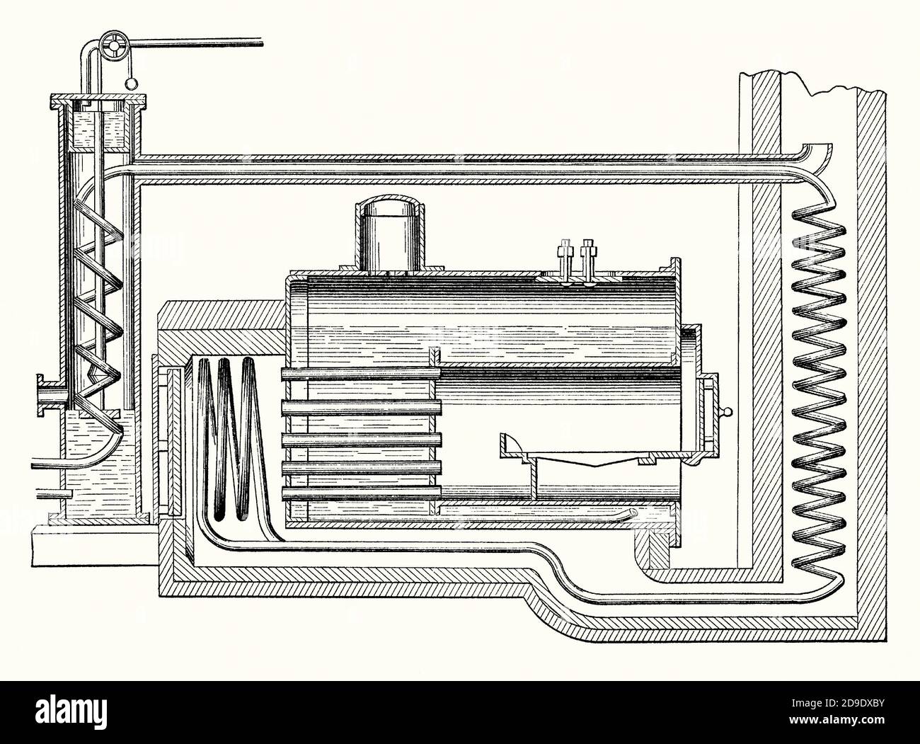 Una vecchia incisione del motore aerovapore Warsop risalente alla metà del 1800. E 'da un libro di ingegneria meccanica vittoriana del 1880. Lo scopo di un motore aerovapore era quello di miscelare l'aria con il vapore, di economizzare il combustibile necessario per generare energia. Ciò migliorava il motore di Watt del 1700. Il design di Watt è diventato sinonimo di vapore: Erano anni prima che le modifiche iniziassero a migliorare il suo design. George Warsop di Nottingham, Inghilterra, ha progettato un motore con tubi a spirale che forzano l'aria calda nella caldaia a generare vapore più uniformemente ed economicamente. Foto Stock