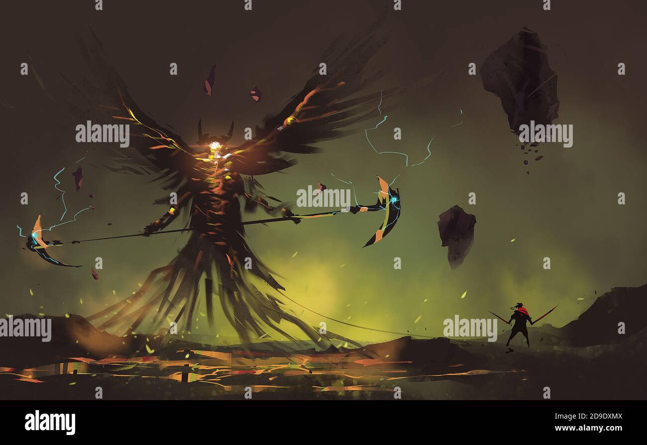 Illustrazione digitale pittura disegno stile un adoratore con due spade mano contro il demone di ala, ultimi boss in gioco. Foto Stock