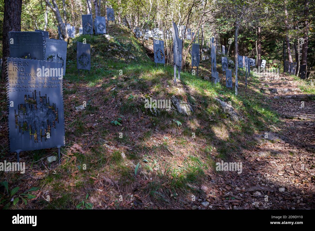 Segni con nomi di soldati alpini morti (Alpini) durante il mondo guerre sul lato dell'alleanza nella foresta (Bosco delle penne Mozze) Cison di Valmarino Italia Foto Stock