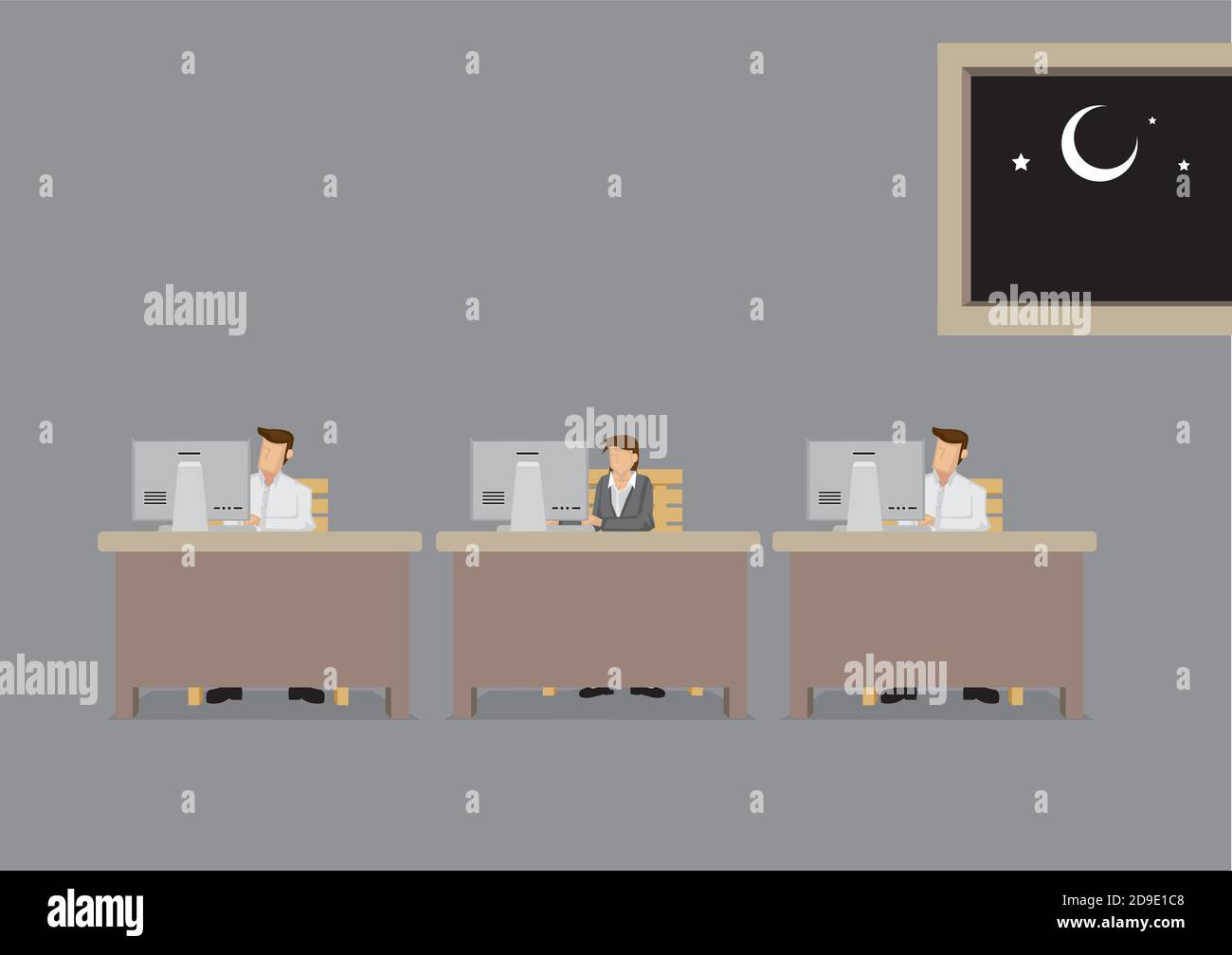 I dipendenti sono impegnati a lavorare davanti al computer in ufficio di notte. Illustrazione cartoon vettoriale sul concetto per gli straordinari di lavoro o per le ore di lavoro lunghe e prolungate Illustrazione Vettoriale