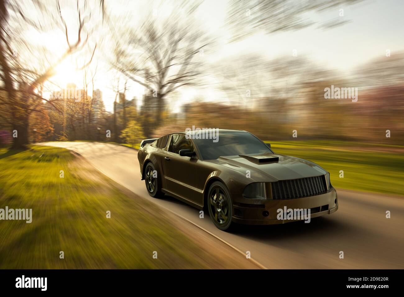 Rendering 3D di un'auto sportiva nera che accelera in un parco urbano. Foto Stock