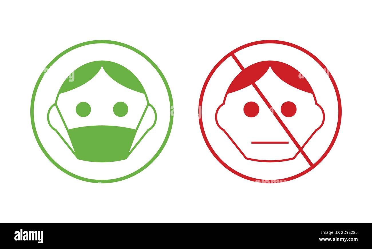 Smilie verde con maschera facciale e smilie rosso senza volto maschera protezione da virus corona Illustrazione Vettoriale