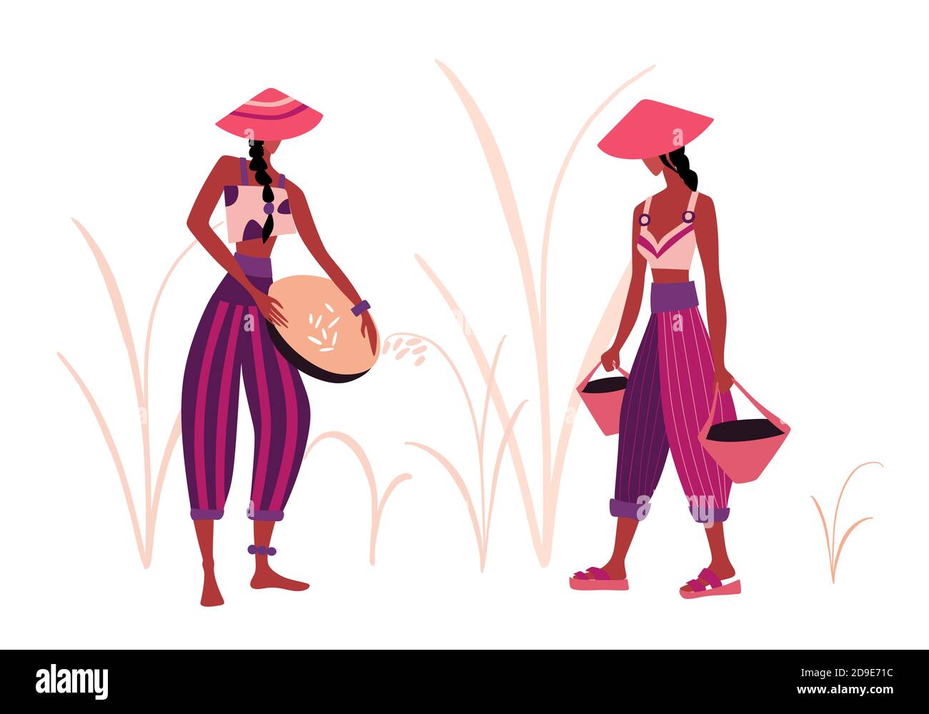 Persone contadine piatte. Set di illustrazioni vettoriali dei campi di riso dell'azienda asiatica. Illustrazione Vettoriale