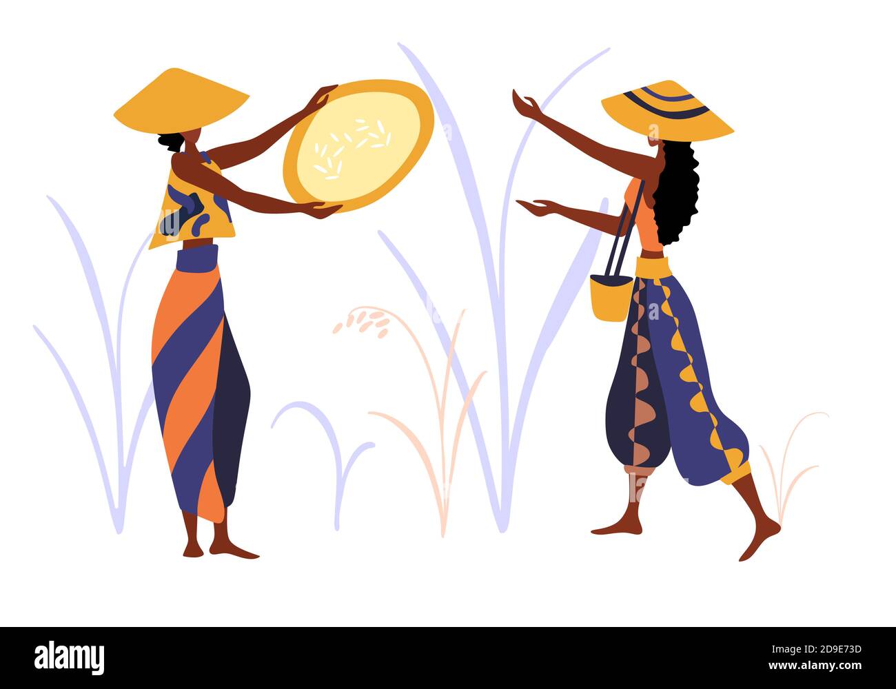 Persone contadine piatte. Set di illustrazioni vettoriali dei campi di riso dell'azienda asiatica. Illustrazione Vettoriale