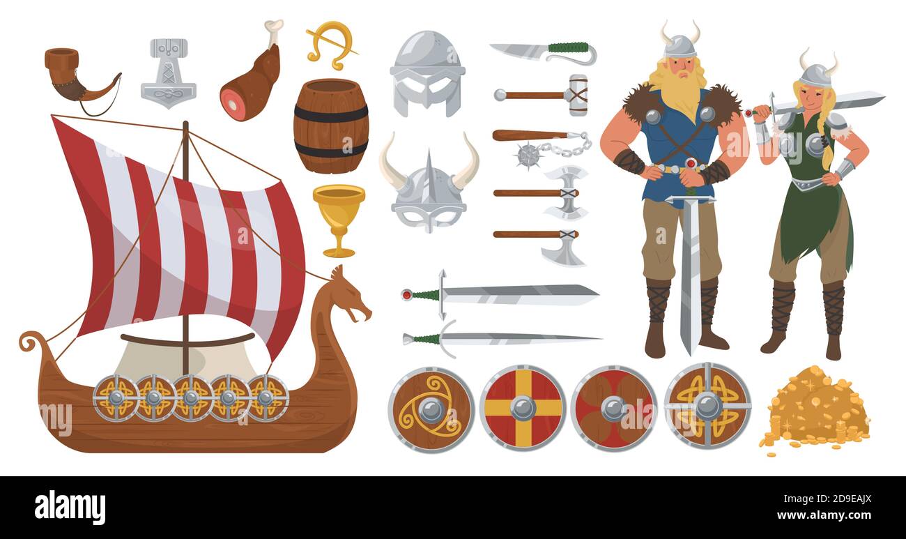 Set di vichinghi, illustrazione isolata vettoriale piatta. Costume da guerriero scandinavo, armi, nave drakkar. Illustrazione Vettoriale