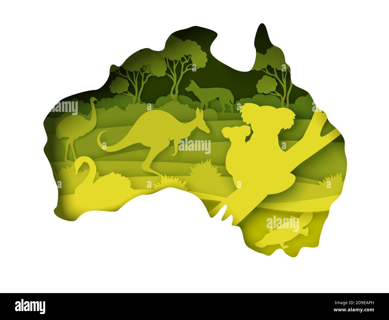 Mappa dell'Australia continentale con fauna selvatica, illustrazione vettoriale in stile arte cartacea. Illustrazione Vettoriale