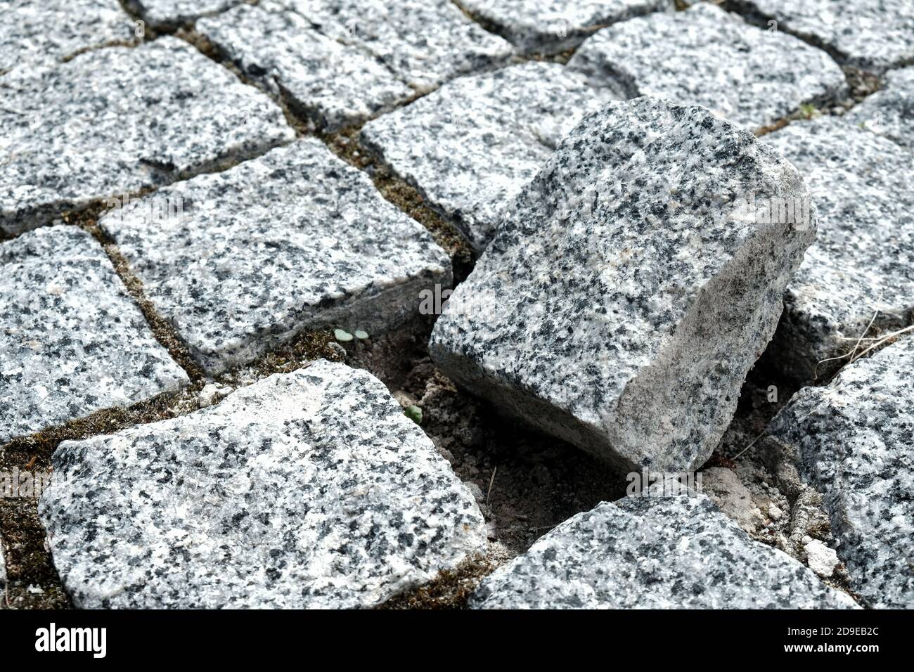 Unica pietra spezzata della strada acciottolata in una vecchia città medievale. Esterno di una comunità. Danneggiato, da solo e diverso. Viale lastricato Foto Stock