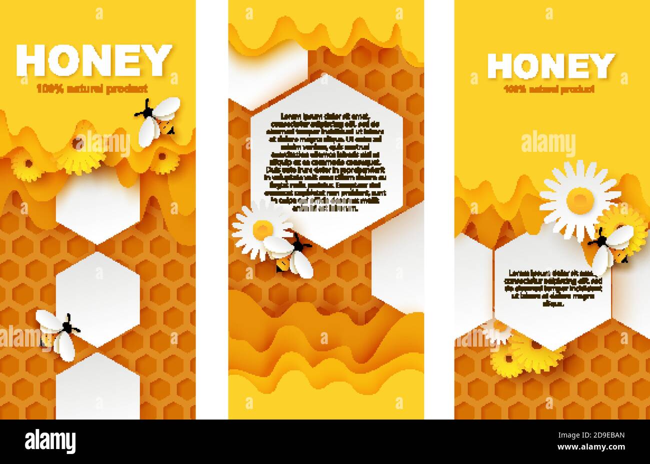 Set di template vettoriali per striscioni miele. Nidi d'ape tagliati di carta con miele dolce che scorre, api carine che raccolgono nettare. Illustrazione Vettoriale