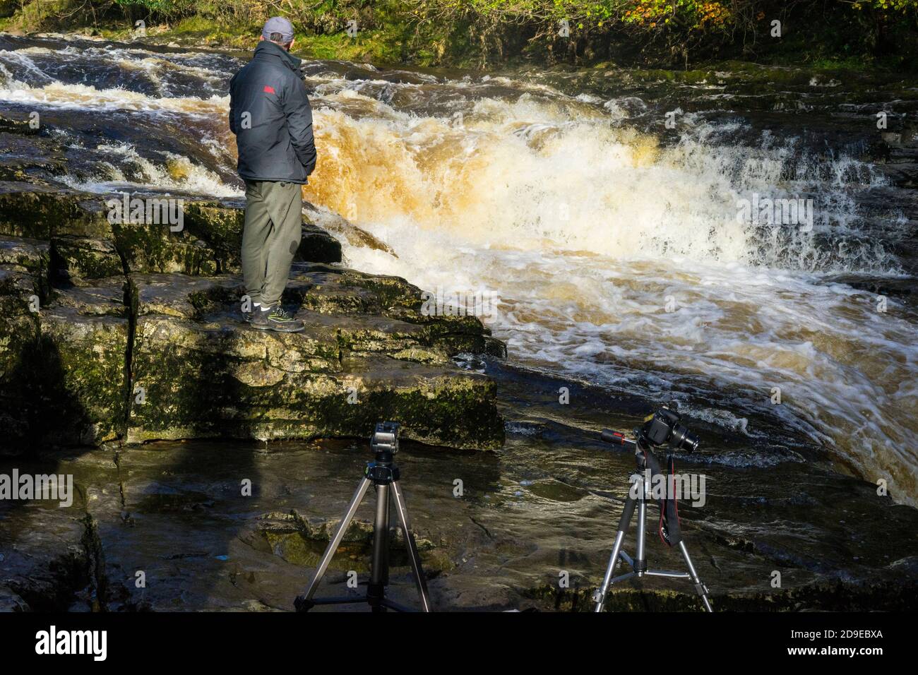 Fotografo che si è messo in preparazione per filmare la corsa al salmone presso Stainforth Force, Stainforth, Ribblesdale, Yorkshire, Regno Unito. Foto Stock