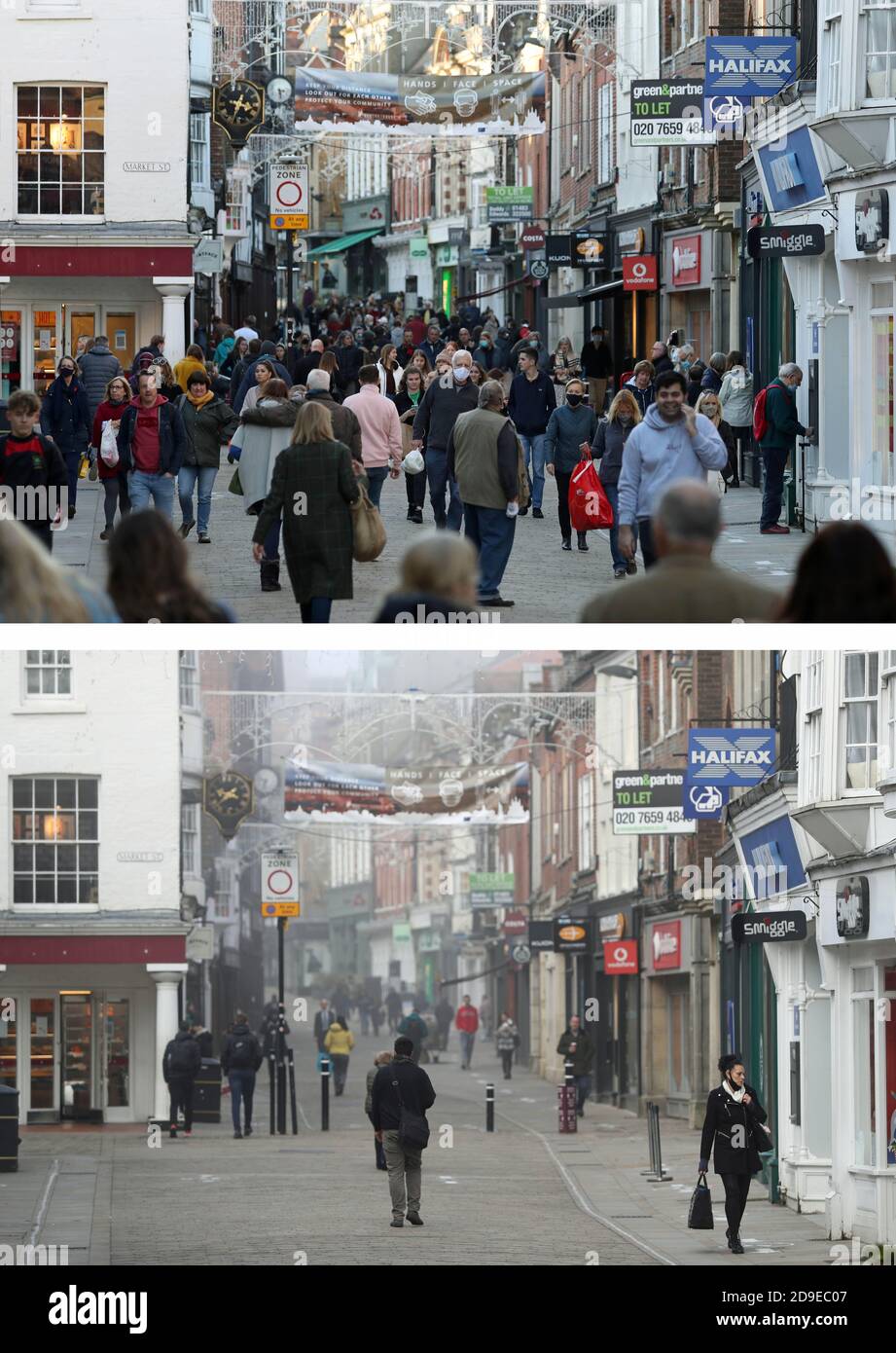 Foto non pubblicata in precedenza (top) datata 4/11/2020 di Market Street nel centro di Winchester a 1545 rispetto alla foto scattata giovedì alle 0940, il primo giorno del secondo blocco nazionale in Inghilterra. Foto Stock