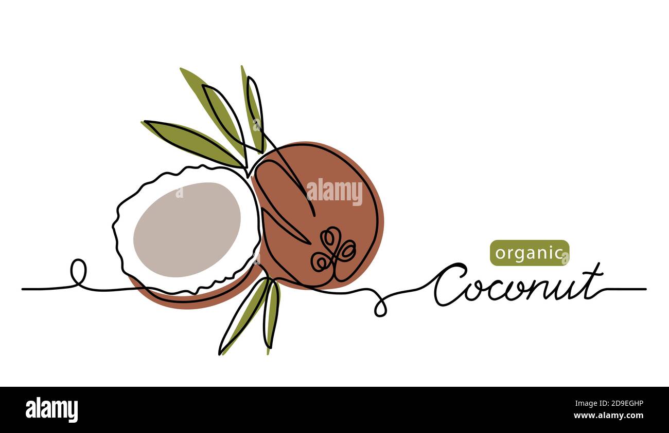 Illustrazione semplice della linea vettoriale del cocco. Disegno artistico a linea singola con scritta in cocco organico Illustrazione Vettoriale
