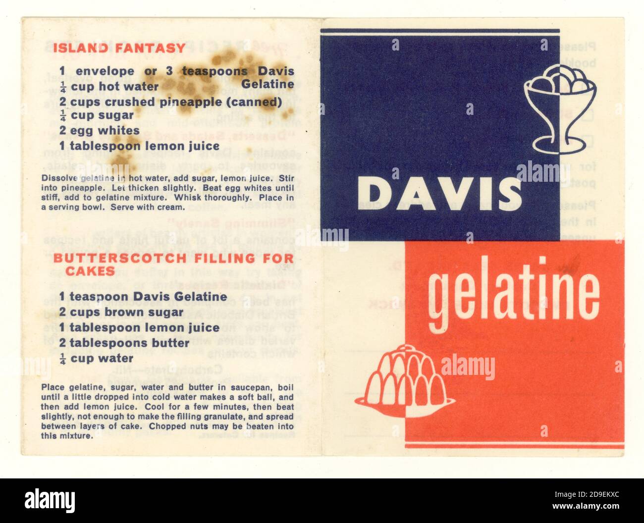 Volantino di ricetta della gelatina di Davis vintage, verso la fine degli anni '50, Regno Unito Foto Stock