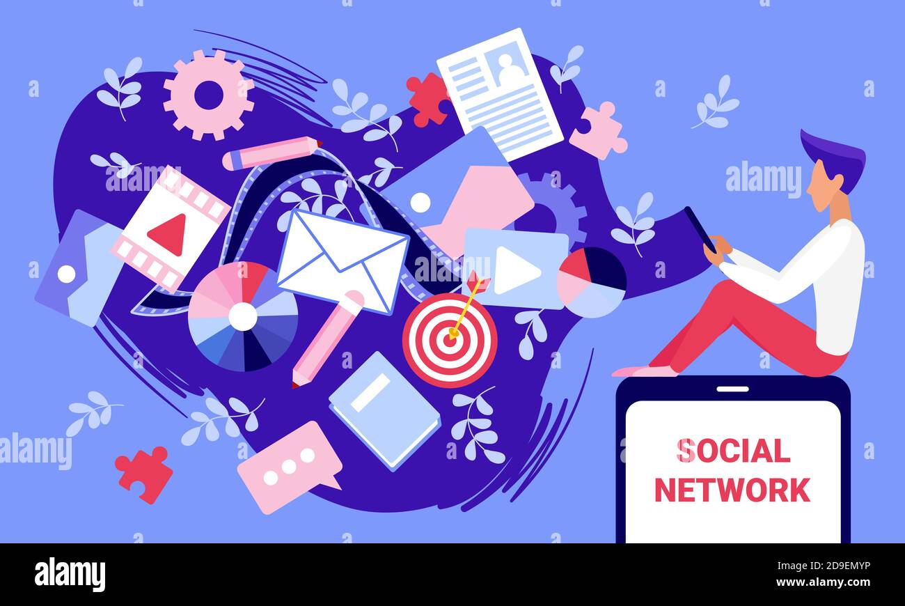 Illustrazione vettoriale del concetto di tecnologia dei contenuti dei social media. Utente di Cartoon che usa il telefono cellulare per la creazione di blog foto, musica e video contenuti, e-mail in astratto cloud e sfondo di comunicazione Illustrazione Vettoriale