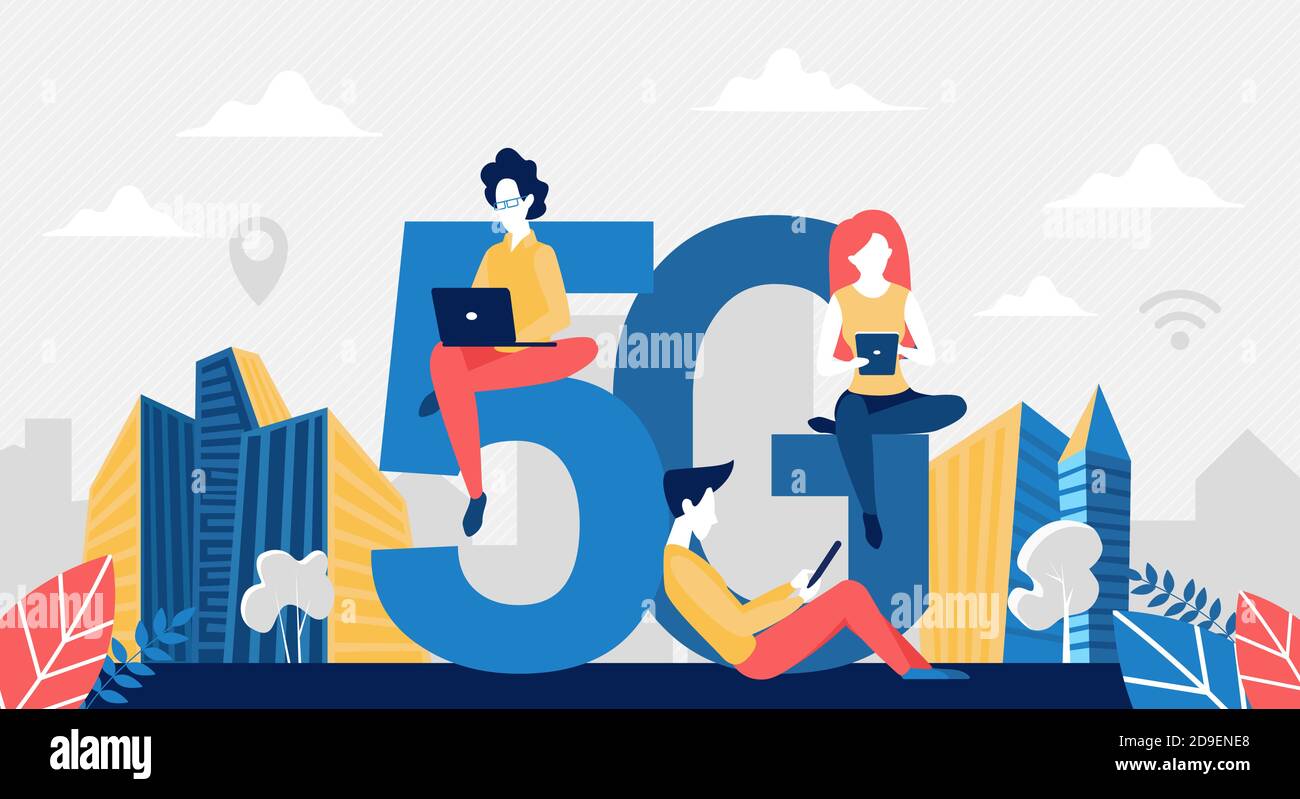 Illustrazione vettoriale del concetto di tecnologia wireless di rete 5G. Utenti di cartoni animati con gadget dispositivi mobili di rete, utilizzando Internet ad alta velocità, grandi lettere 5g e caratteri minuscoli sfondo tecnologico Illustrazione Vettoriale