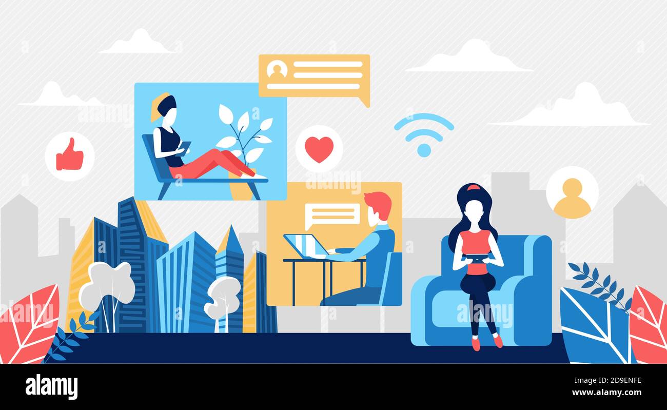 Persone in comunicazione remota concetto di illustrazione vettoriale. Il personaggio freelance dei dipendenti di Cartoon utilizza il laptop, il tablet o il telefono cellulare per lavorare a distanza, comunicare in background con i social media Illustrazione Vettoriale