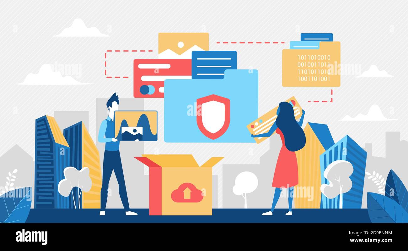Illustrazione vettoriale del concetto di tecnologia di storage dei dati cloud. Gli utenti di Cartoon caricano documenti fotografici e file nel data center cloud del server. Servizio tecnologico moderno per la comunicazione in background su internet Illustrazione Vettoriale
