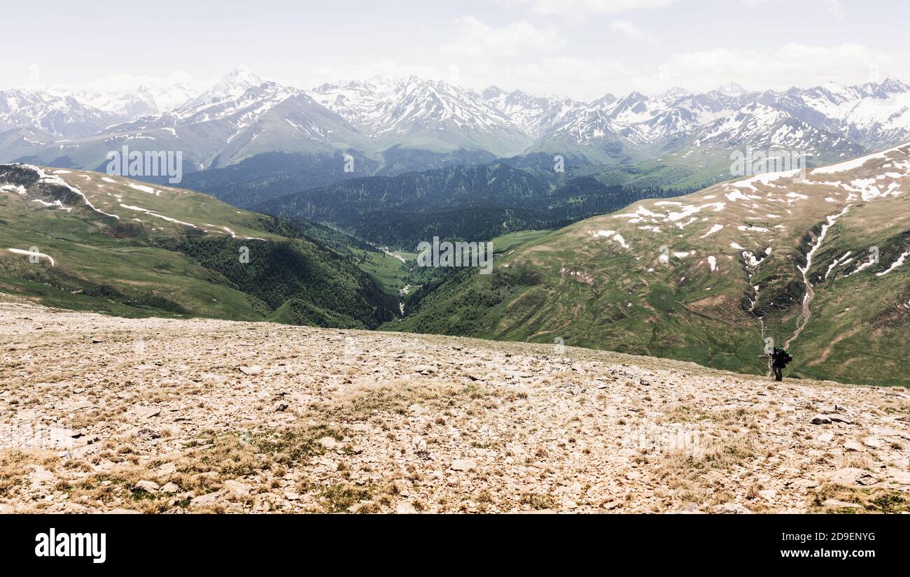 Il viaggiatore in salita con uno zaino pesante e bastoni sale fino alla cima della montagna. Concetto di conquista delle vette e godendo della fauna selvatica, stile di vita conc Foto Stock