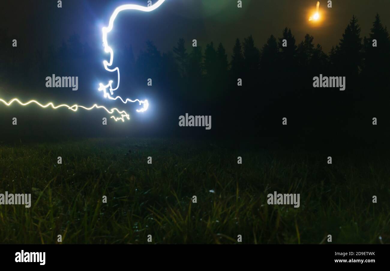 Prato verde soffice foresta di alberi, luna piena brillare di notte, sentieri luminosi. Foto Stock