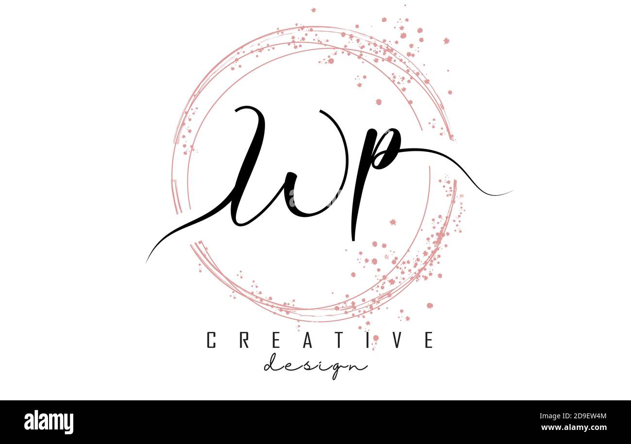 Logo WP W P scritto a mano con cerchi scintillanti con glitter rosa. Illustrazione vettoriale decorativa con lettere W e P. Illustrazione Vettoriale