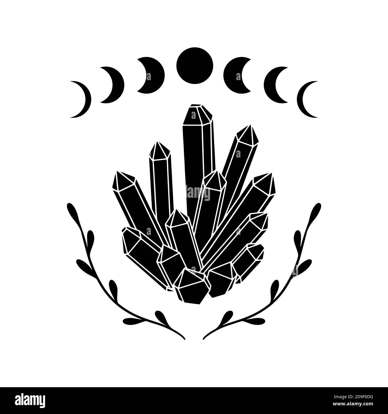 Cristallo mistico con luna e rami. Simbolo astrologico disegnato a mano. Per la stampa di T-shirt e borse. Mistico e magico, astrologia illustrazione. . Illustrazione vettoriale Illustrazione Vettoriale