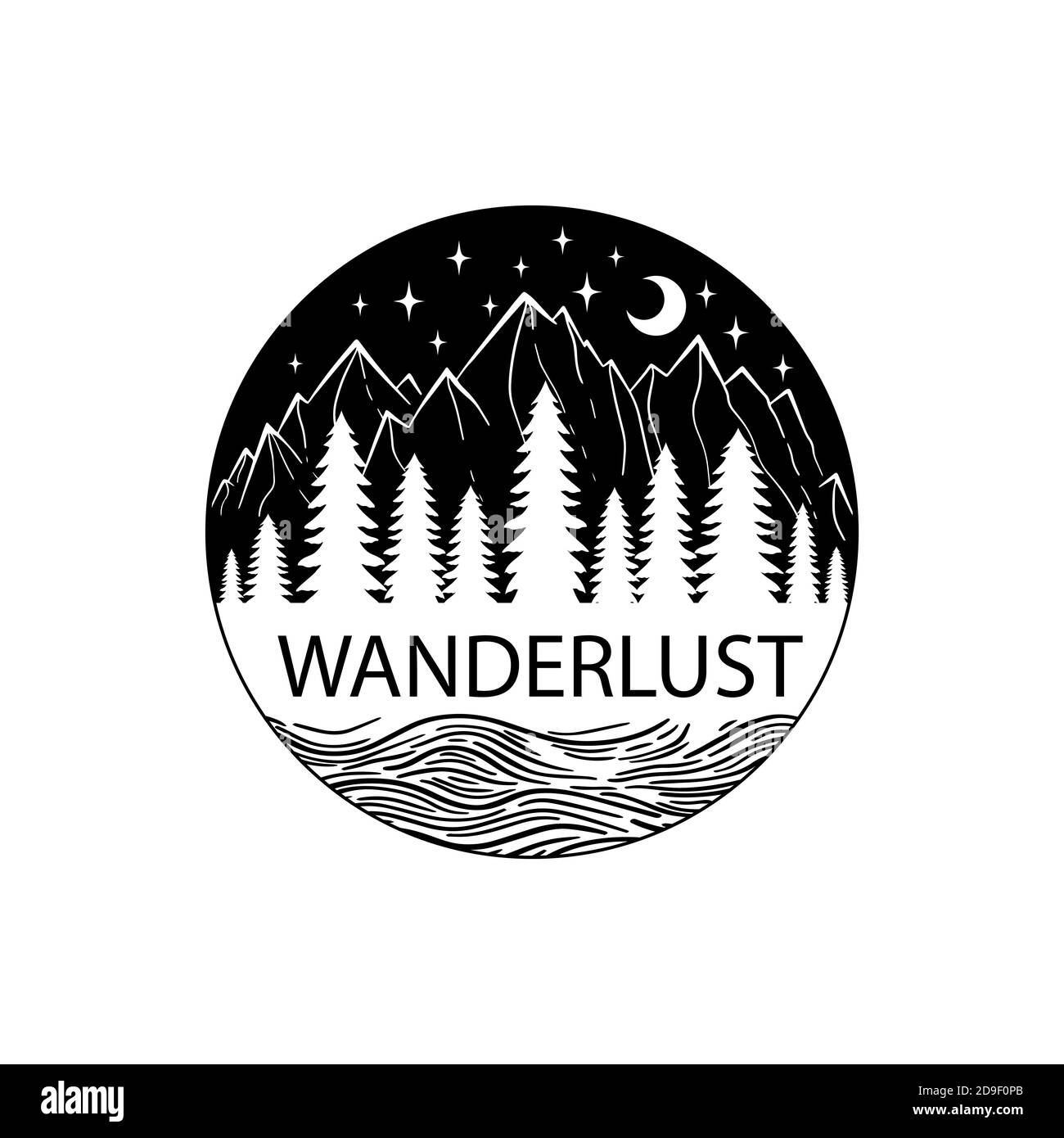 Montagna e mare nero su bianco. Illustrazione vettoriale. Notte Wanderlust avventura cerchio icona con stelle. Illustrazione vettoriale Illustrazione Vettoriale