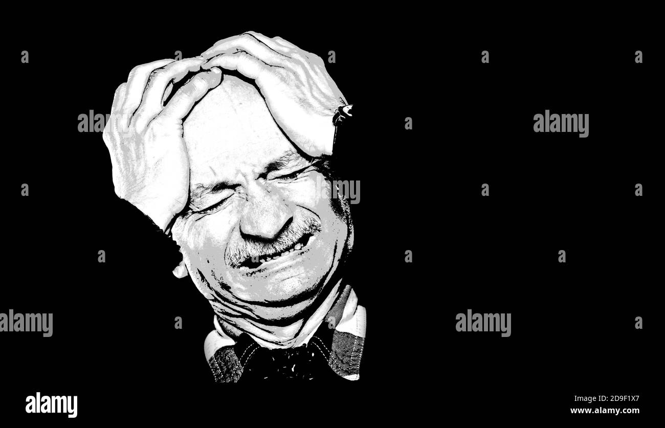 Vecchio che soffre di mal di testa. Immagine ad alto contrasto di un uomo anziano. Arte contemporanea e immagine in stile poster. Foto Stock
