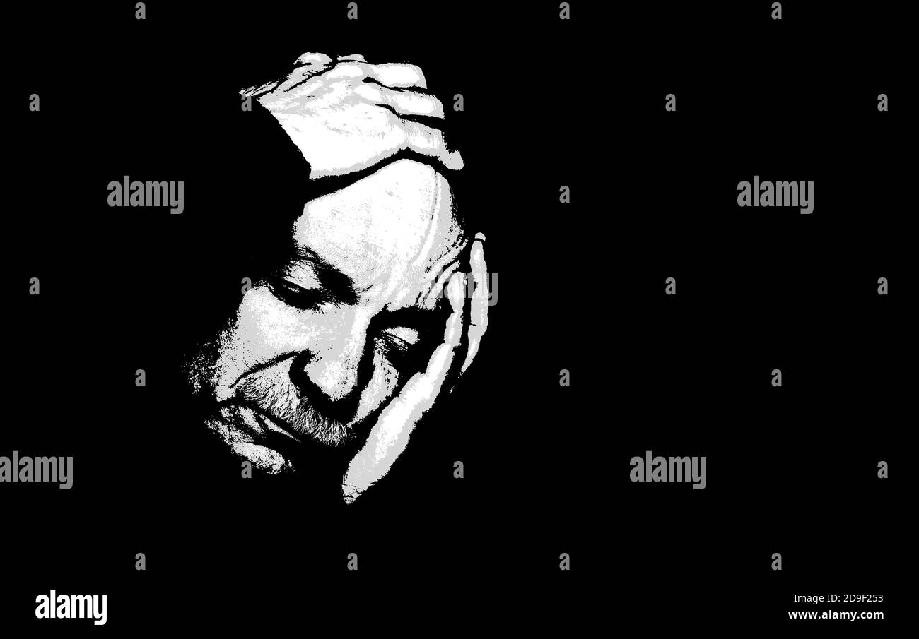 Uomo anziano che soffre di mal di testa. Arte contemporanea e immagine in stile poster. Foto Stock