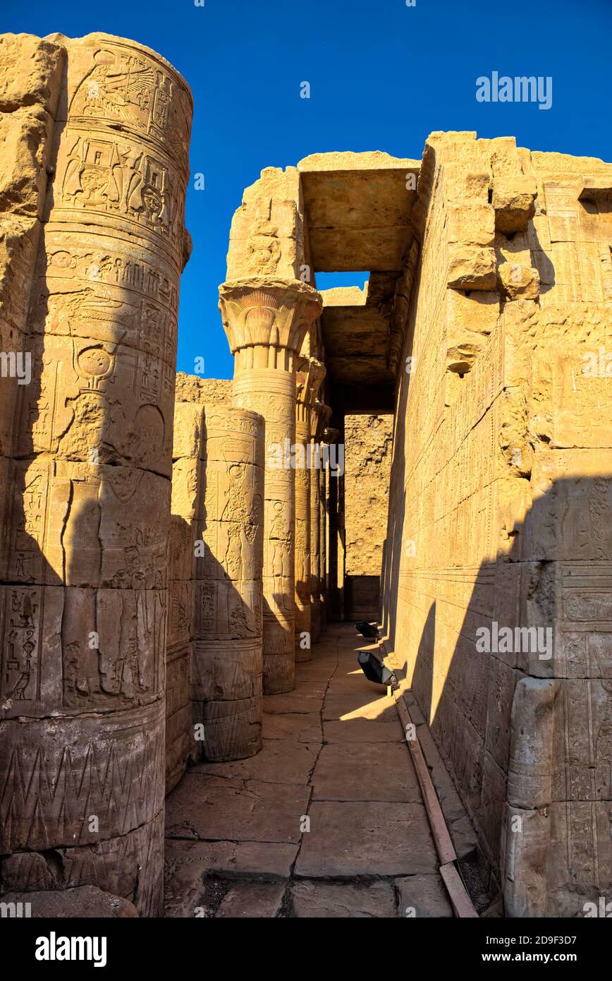 A ovest dell'ingresso del Tempio di Horus si trova il Mammisi, costruito da Tolomeo VIII Euergetes II e decorato con rilievi di Tolomeo IX Soter II Poll Foto Stock