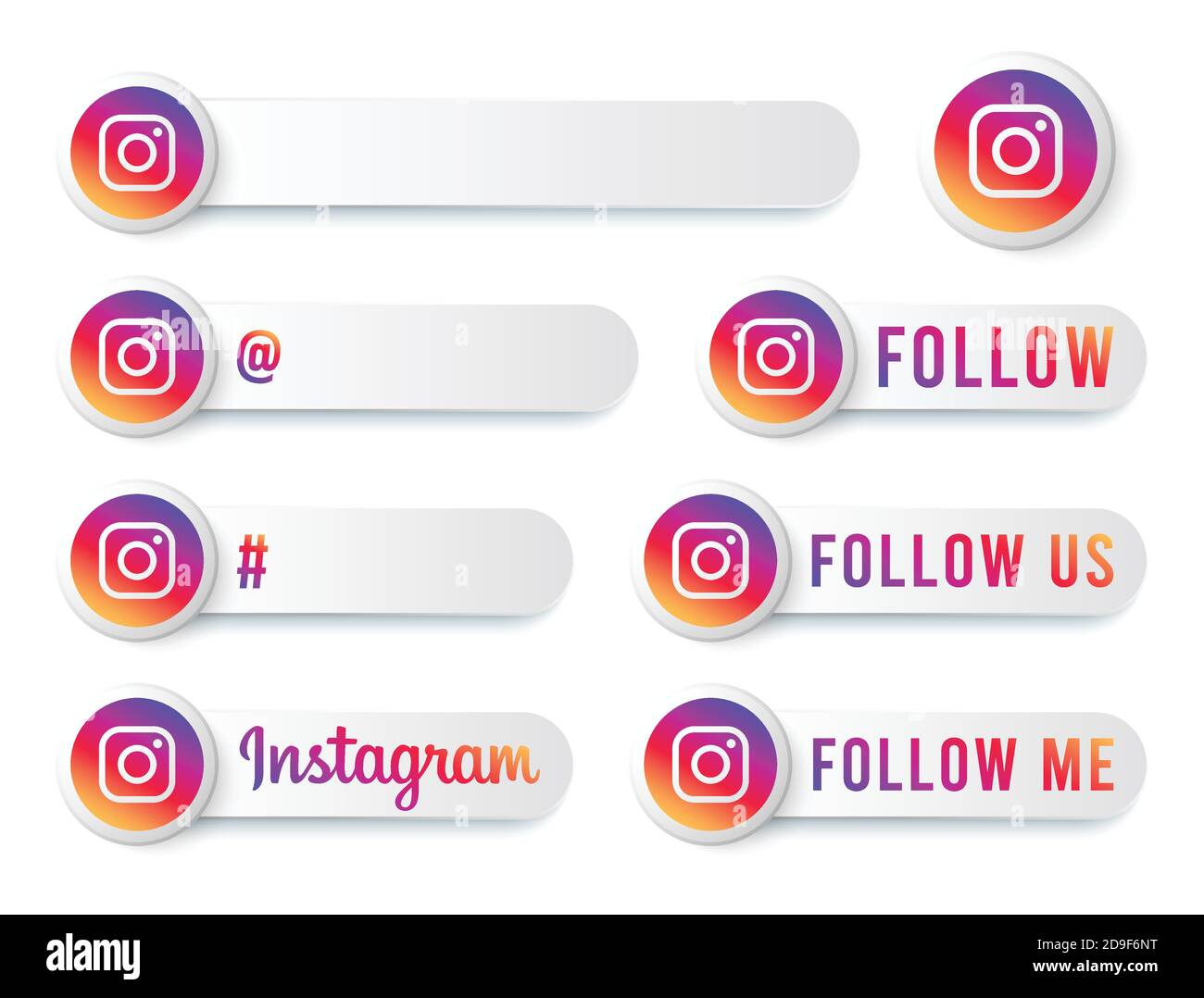 Collezione Instagram Buttons con logo multicolore. White Social Media Tag Set con icone moderne, simbolo, Ping, Banner. Modelli di pulsanti arrotondati 3D. Illustrazione Vettoriale