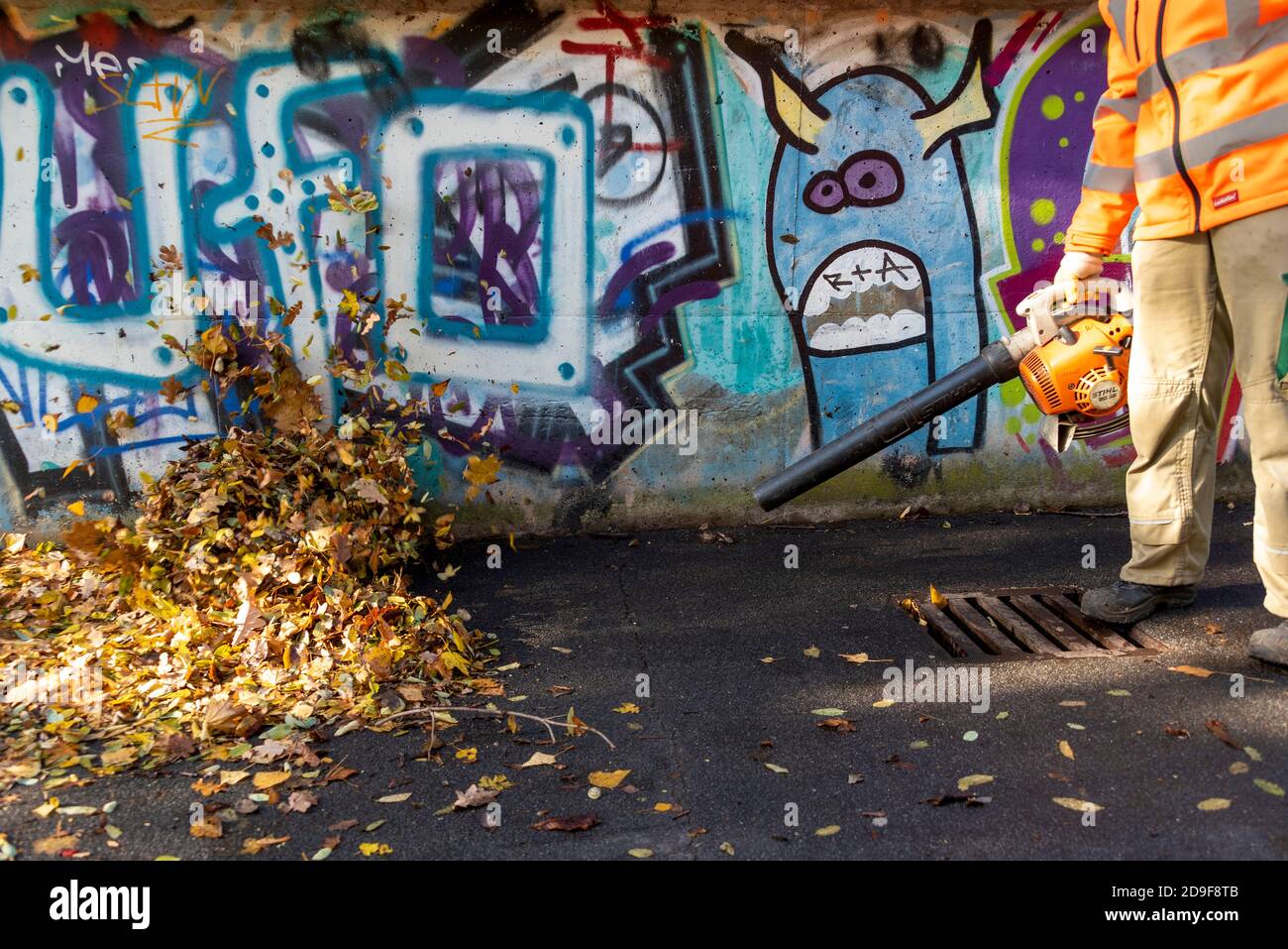 Magdeburgo, Germania. 29 Ott 2020. Rimozione delle foglie autunnali con un soffiatore a balestra. Credit: Fulz/spa-Zentralbild/ZB/dpa/Alamy Live News Foto Stock